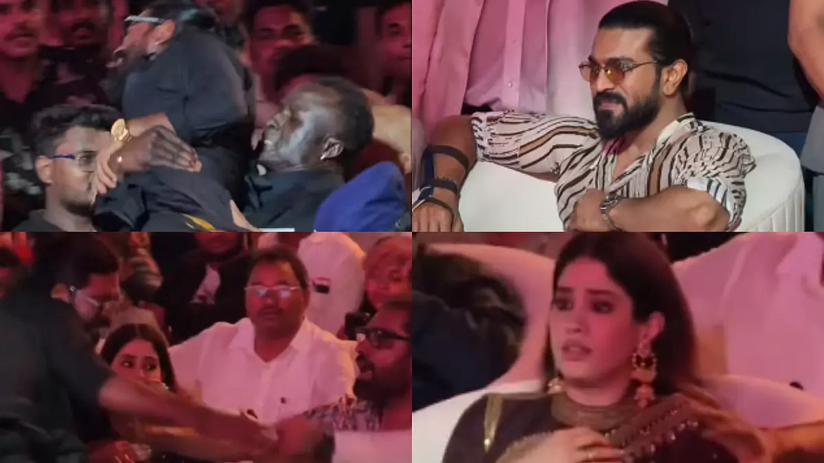 विजयवाड़ा में फिल्म ‘पेड्डी’ प्रमोशन के दौरान अफरा-तफरी, राम चरण की ओर दौड़ा फैन विजयवाड़ा में फिल्म ‘पेड्डी’ प्रमोशन के दौरान अफरा-तफरी, राम चरण की ओर दौड़ा फैन