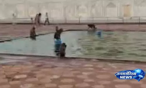 बंदरों ने Taj Mahal के फव्वारे को बना दिया खेल का मैदान, वीडियो वायरल