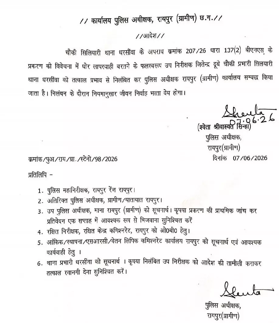 पुलिस अधिकारी को रायपुर ग्रामीण एसपी ने किया सस्पेंड, गैंगरेप केस की जांच में लापरवाही बरतने का आरोप पुलिस अधिकारी को रायपुर ग्रामीण एसपी ने किया सस्पेंड, गैंगरेप केस की जांच में लापरवाही बरतने का आरोप