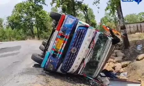 CG: आलू से भरा ट्रक मोड़ पर पलटा, चालक बाल-बाल बचा CG: आलू से भरा ट्रक मोड़ पर पलटा, चालक बाल-बाल बचा