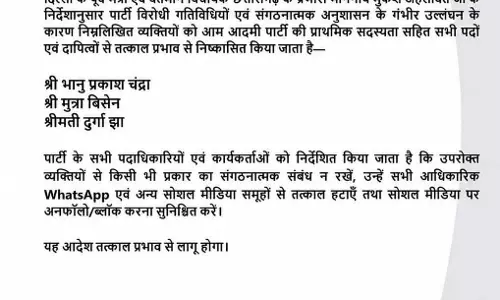 छत्तीसगढ़ में AAP के तीन नेता पार्टी से निष्कासित