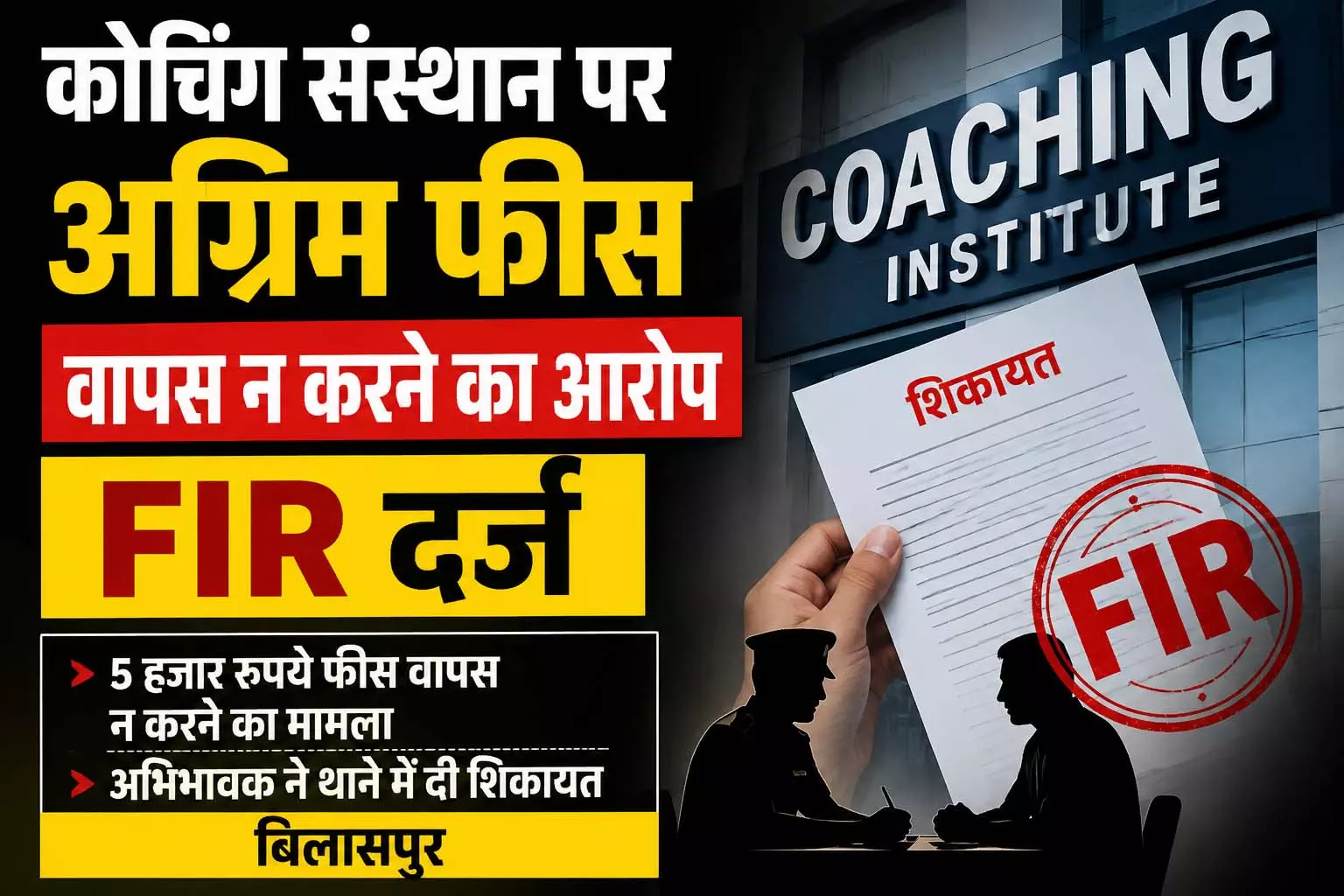 कोचिंग संस्थान पर अग्रिम फीस वापस न करने का आरोप, अभिभावक ने थाने में दी शिकायत कोचिंग संस्थान पर अग्रिम फीस वापस न करने का आरोप, अभिभावक ने थाने में दी शिकायत