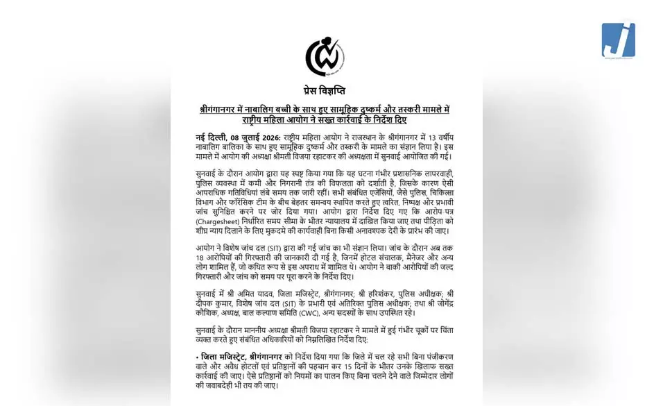 नाबालिग दुष्कर्म और तस्करी मामले में राष्ट्रीय महिला आयोग सख्त, 15 दिन में मांगी कार्रवाई रिपोर्ट नाबालिग दुष्कर्म और तस्करी मामले में राष्ट्रीय महिला आयोग सख्त, 15 दिन में मांगी कार्रवाई रिपोर्ट