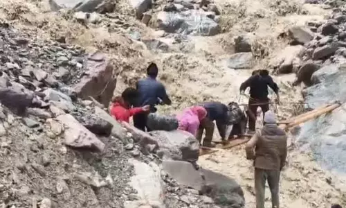 सीढ़ी के सहारे ग्रामीणों की आवाजाही सीढ़ी के सहारे ग्रामीणों की आवाजाही