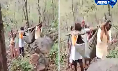 मुंबई के पास सड़क न होने से गर्भवती महिला को स्लिंग में उठाकर अस्पताल ले गए ग्रामीण, वीडियो वायरल मुंबई के पास सड़क न होने से गर्भवती महिला को स्लिंग में उठाकर अस्पताल ले गए ग्रामीण, वीडियो वायरल