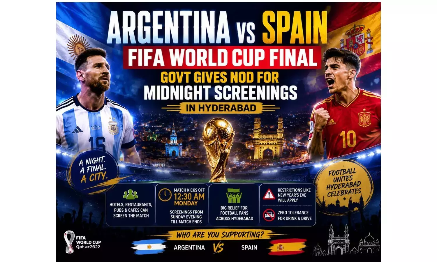 सरकार ने हैदराबाद में देर रात FIFA फ़ाइनल की स्क्रीनिंग को मंज़ूरी दी सरकार ने हैदराबाद में देर रात FIFA फ़ाइनल की स्क्रीनिंग को मंज़ूरी दी