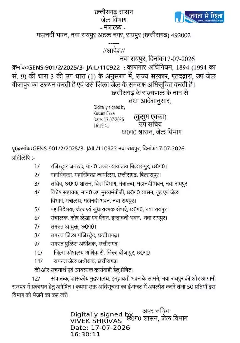जिला जेल की सूची में अब बीजापुर भी शामिल जिला जेल की सूची में अब बीजापुर भी शामिल