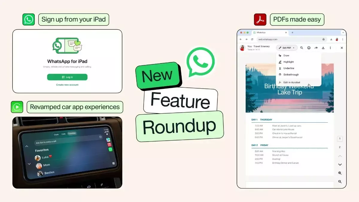WhatsApp का बड़ा अपडेट: iPad पर सीधे साइन-अप, PDF एडिटिंग और म्यूजिक शेयरिंग फीचर लॉन्च WhatsApp का बड़ा अपडेट: iPad पर सीधे साइन-अप, PDF एडिटिंग और म्यूजिक शेयरिंग फीचर लॉन्च