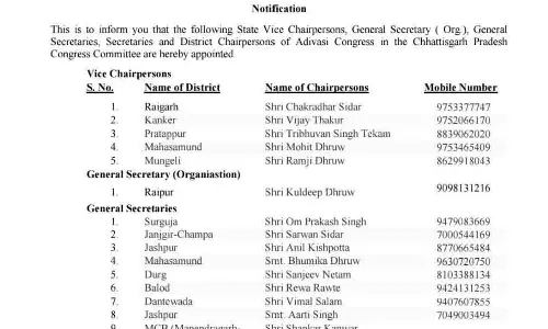 AICC ने छत्तीसगढ़ आदिवासी कांग्रेस में नई टीम का किया गठन