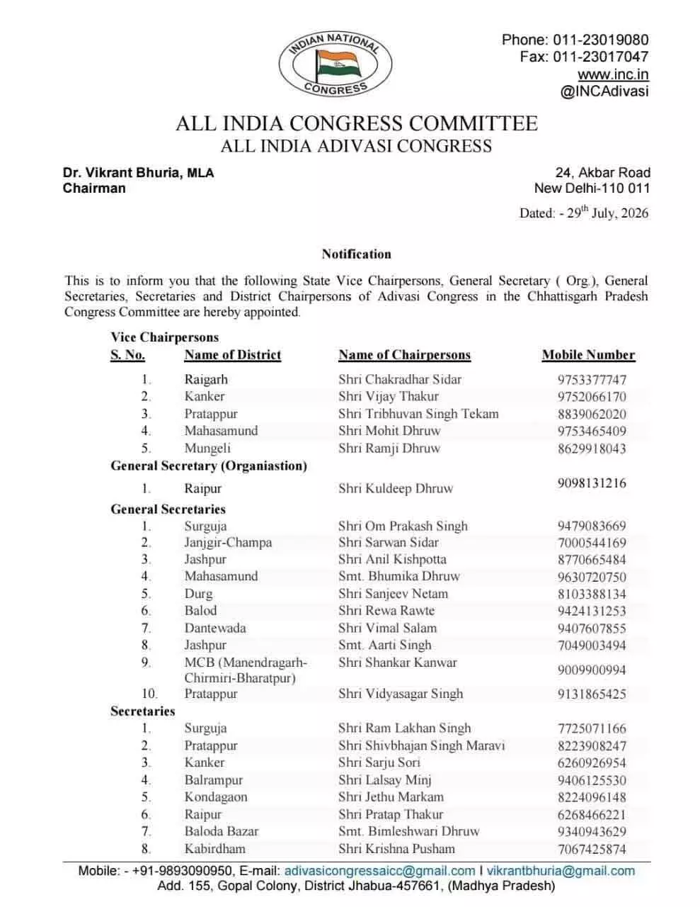 AICC ने छत्तीसगढ़ आदिवासी कांग्रेस में नई टीम का किया गठन AICC ने छत्तीसगढ़ आदिवासी कांग्रेस में नई टीम का किया गठन