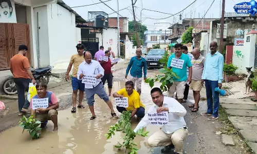 गड्ढों में गमले रखकर सड़कों का अनोखा विरोध गड्ढों में गमले रखकर सड़कों का अनोखा विरोध