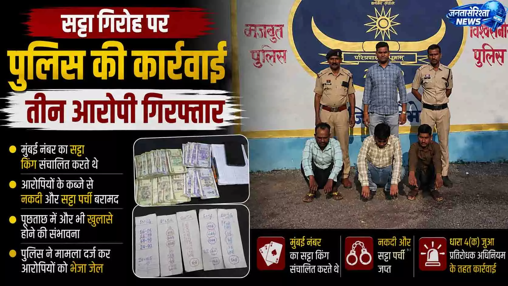 सट्टा गिरोह पर पुलिस की कार्रवाई, तीन आरोपी गिरफ्तार सट्टा गिरोह पर पुलिस की कार्रवाई, तीन आरोपी गिरफ्तार