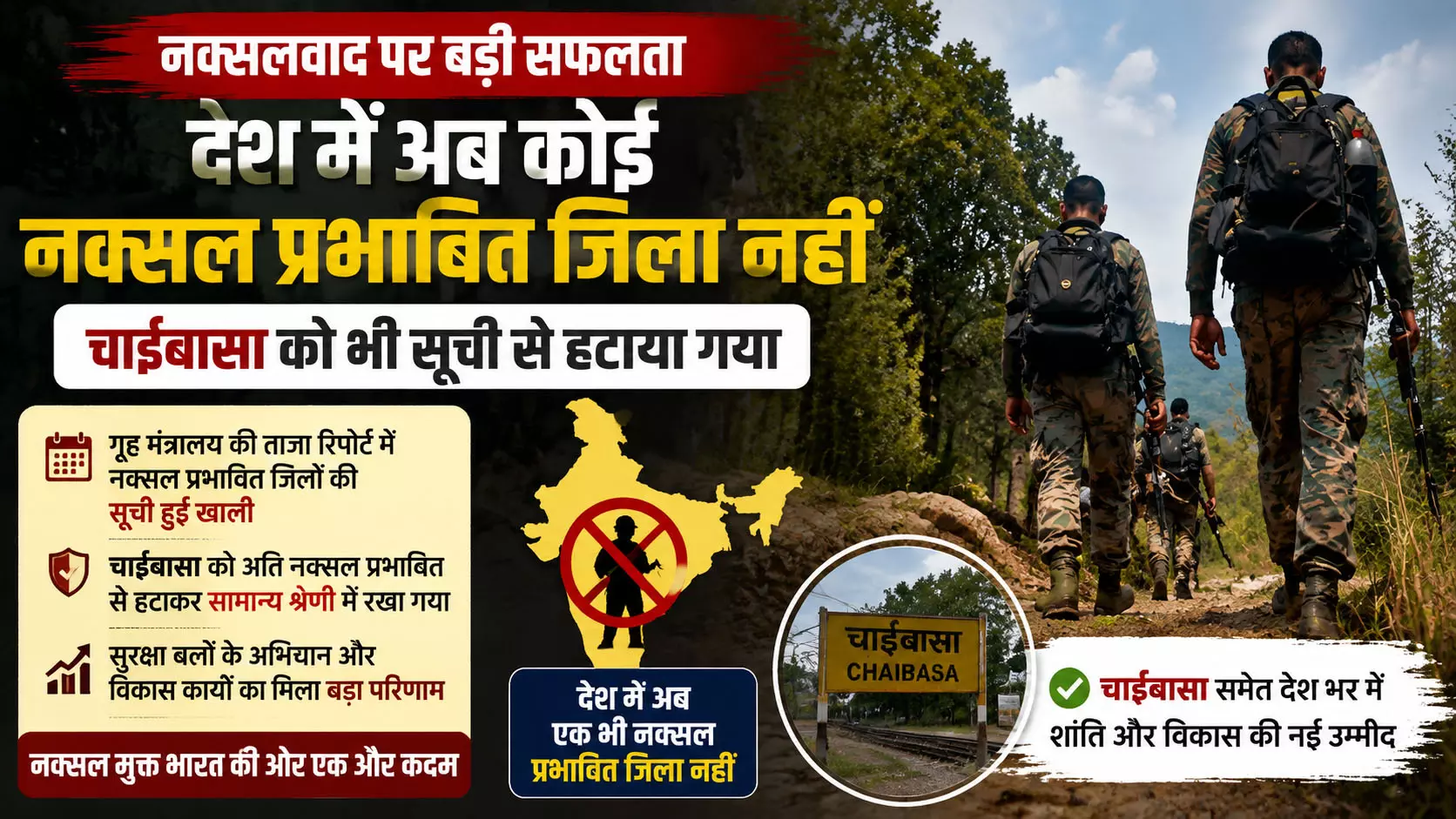 देश में अब कोई नक्सल प्रभावित जिला नहीं, चाईबासा को भी सूची से हटाया गया देश में अब कोई नक्सल प्रभावित जिला नहीं, चाईबासा को भी सूची से हटाया गया