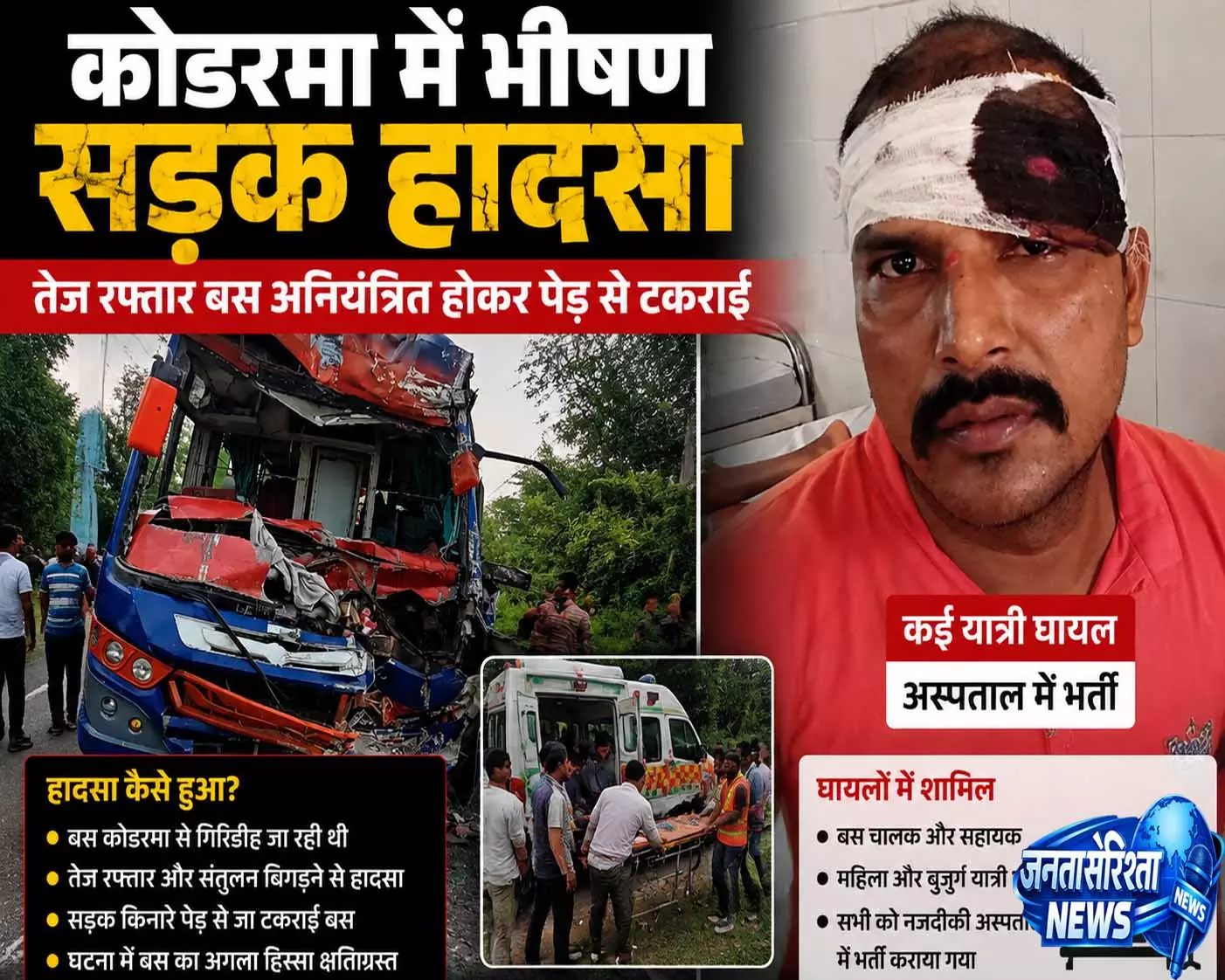 कोडरमा सड़क हादसे में मचा हड़कंप बस दुर्घटना में 12 वर्षीय बच्चे की मौत 50 घायल कोडरमा सड़क हादसे में मचा हड़कंप बस दुर्घटना में 12 वर्षीय बच्चे की मौत 50 घायल