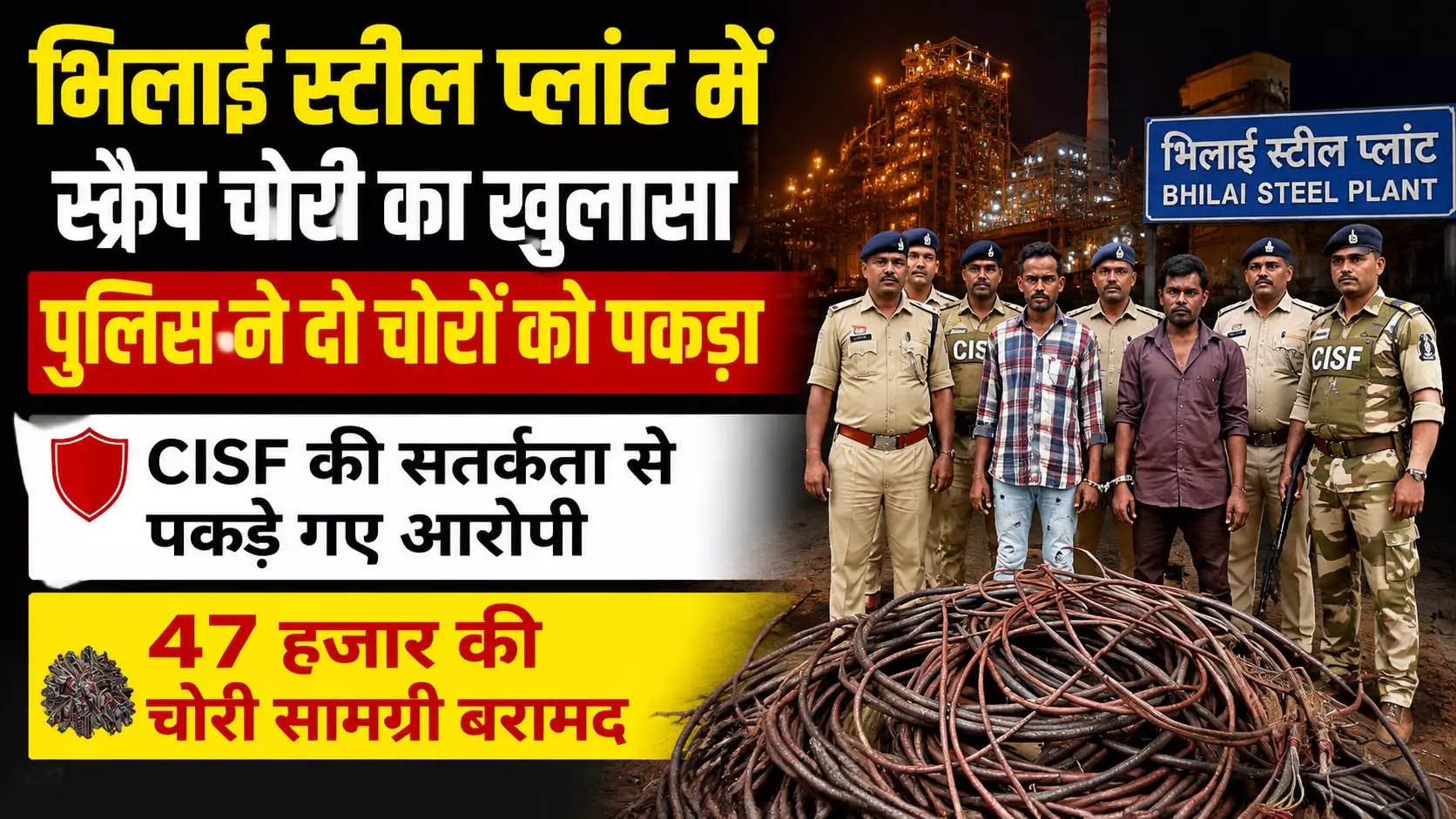 भिलाई स्टील प्लांट में स्क्रैप चोरी का खुलासा, पुलिस ने दो चोरों को पकड़ा भिलाई स्टील प्लांट में स्क्रैप चोरी का खुलासा, पुलिस ने दो चोरों को पकड़ा