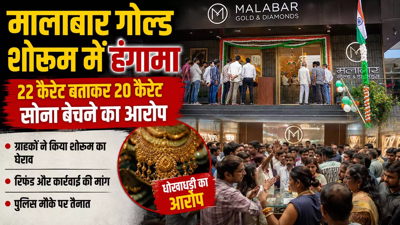 मालाबार गोल्ड शोरूम में हंगामा, 22 कैरेट बताकर 20 कैरेट सोना बेचने का आरोप मालाबार गोल्ड शोरूम में हंगामा, 22 कैरेट बताकर 20 कैरेट सोना बेचने का आरोप