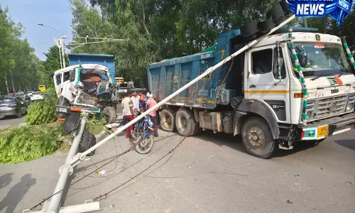 फरीदाबाद में सड़क हादसा दो ट्रकों की टक्कर से टूटा बिजली का खंभा