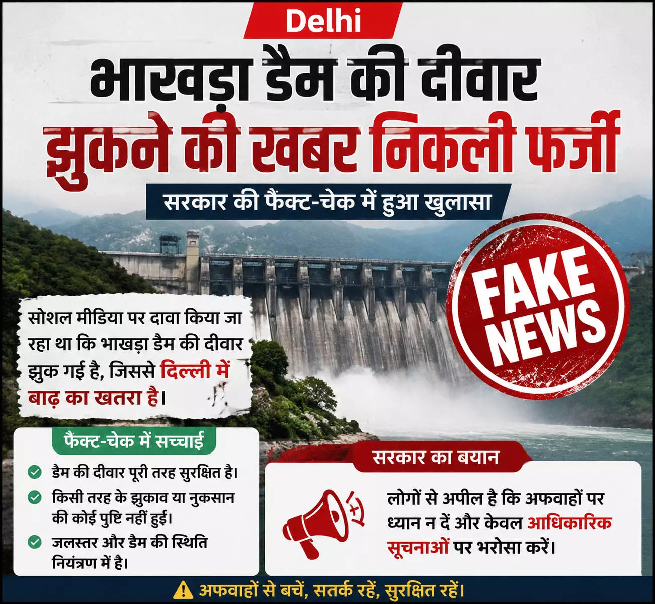 Delhi भाखड़ा डैम की दीवार झुकने की खबर निकली फर्जी Delhi भाखड़ा डैम की दीवार झुकने की खबर निकली फर्जी