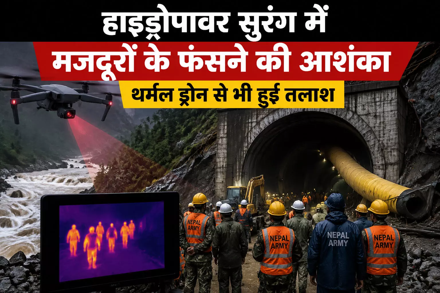 हाइड्रोपावर सुरंग में मजदूरों के फंसने की आशंका थर्मल ड्रोन से भी हुई तलाश हाइड्रोपावर सुरंग में मजदूरों के फंसने की आशंका थर्मल ड्रोन से भी हुई तलाश