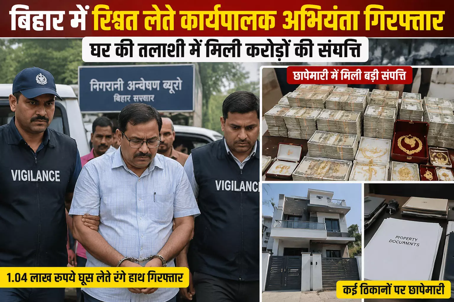 बिहार में रिश्वत लेते कार्यपालक अभियंता गिरफ्तार, घर की तलाशी में मिली करोड़ों की संपत्ति बिहार में रिश्वत लेते कार्यपालक अभियंता गिरफ्तार, घर की तलाशी में मिली करोड़ों की संपत्ति