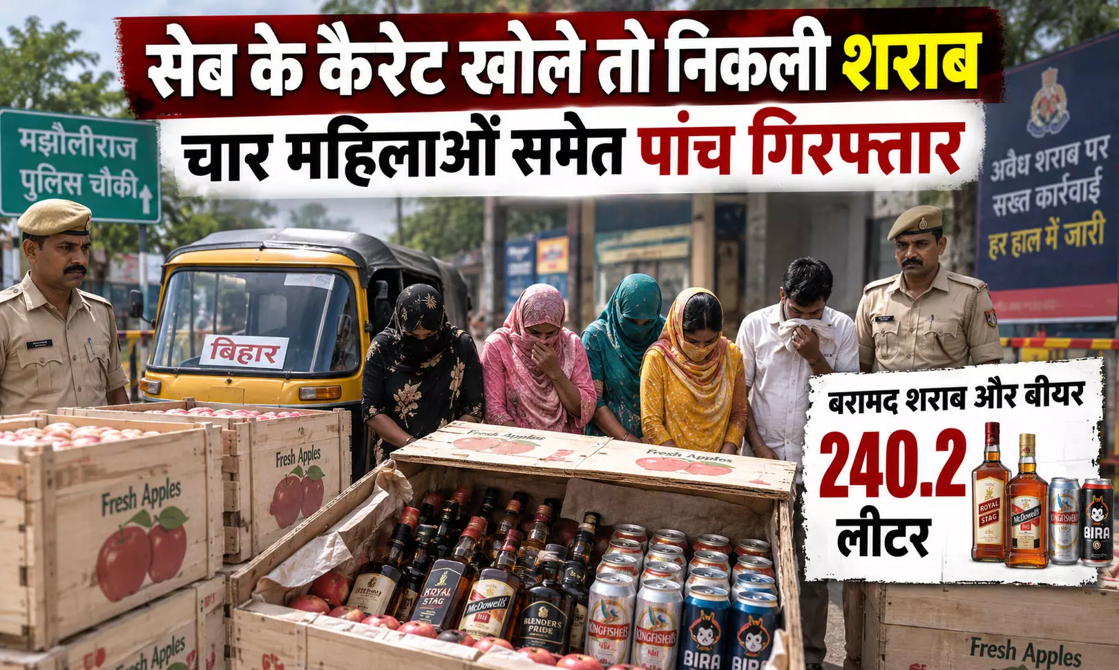 सेब के कैरेट खोले तो निकली शराब चार महिलाओं समेत पांच गिरफ्तार सेब के कैरेट खोले तो निकली शराब चार महिलाओं समेत पांच गिरफ्तार
