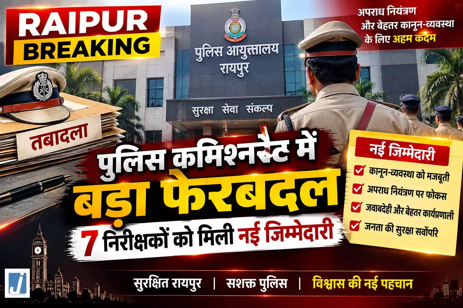 RAIPUR BREAKING: पुलिस कमिश्नरेट में बड़ा फेरबदल, 7 निरीक्षकों को मिली नई जिम्मेदारी RAIPUR BREAKING: पुलिस कमिश्नरेट में बड़ा फेरबदल, 7 निरीक्षकों को मिली नई जिम्मेदारी