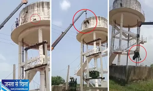 श्योपुर में 60 फीट ऊंचे पानी के टैंक पर चढ़ा सांड, 42 घंटे बाद क्रेन से उतारा गया श्योपुर में 60 फीट ऊंचे पानी के टैंक पर चढ़ा सांड, 42 घंटे बाद क्रेन से उतारा गया