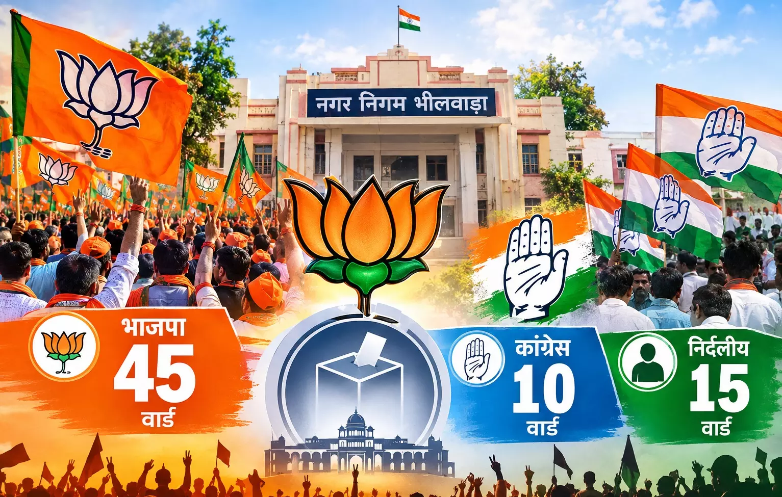 भीलवाड़ा निगम में भाजपा का बंपर बहुमत, खिला भाजपाई खेमा, 45 वार्डों में कमल, कांग्रेस 10 पर सिमटी भीलवाड़ा निगम में भाजपा का बंपर बहुमत, खिला भाजपाई खेमा, 45 वार्डों में कमल, कांग्रेस 10 पर सिमटी