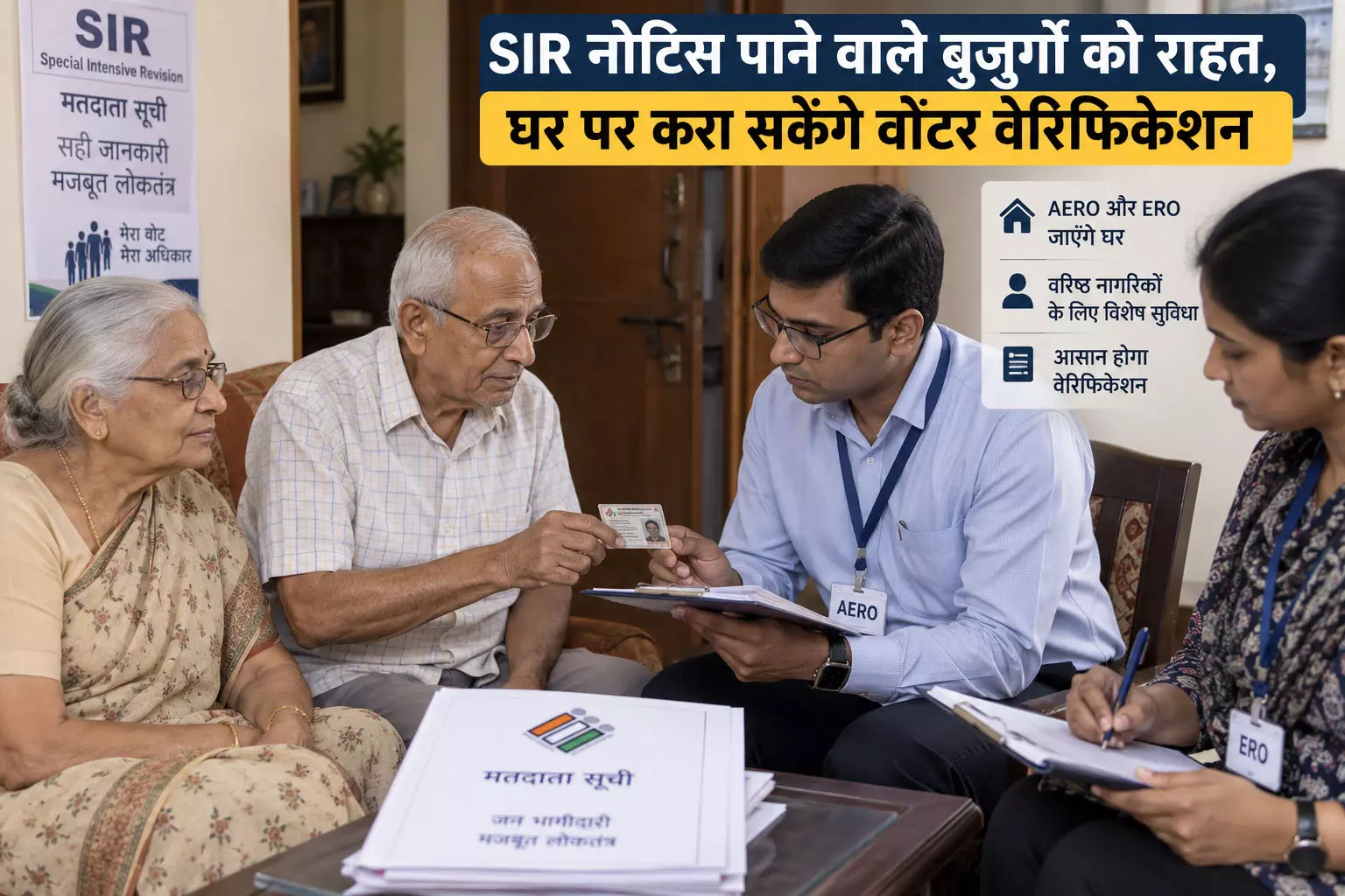 SIR नोटिस पाने वाले बुजुर्गों को राहत, घर पर करा सकेंगे वोटर वेरिफिकेशन SIR नोटिस पाने वाले बुजुर्गों को राहत, घर पर करा सकेंगे वोटर वेरिफिकेशन