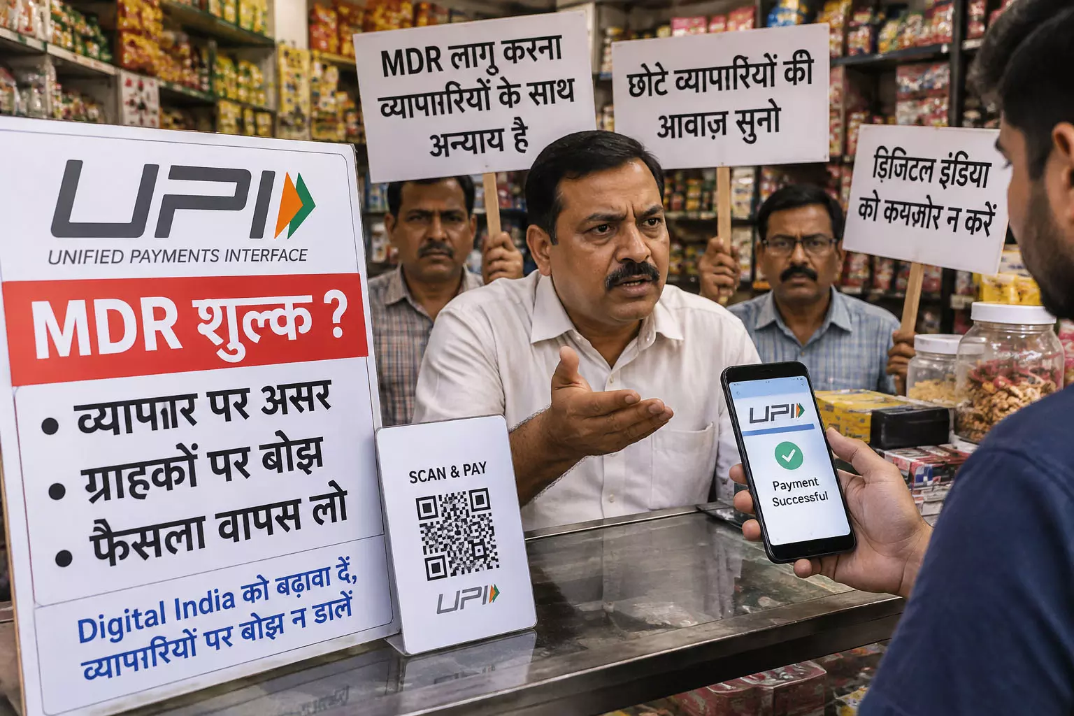 UPI लेन-देन पर MDR शुल्क के फैसले से व्यापारी नाराज, बोले- कारोबार और ग्राहकों पर पड़ेगा असर UPI लेन-देन पर MDR शुल्क के फैसले से व्यापारी नाराज, बोले- कारोबार और ग्राहकों पर पड़ेगा असर