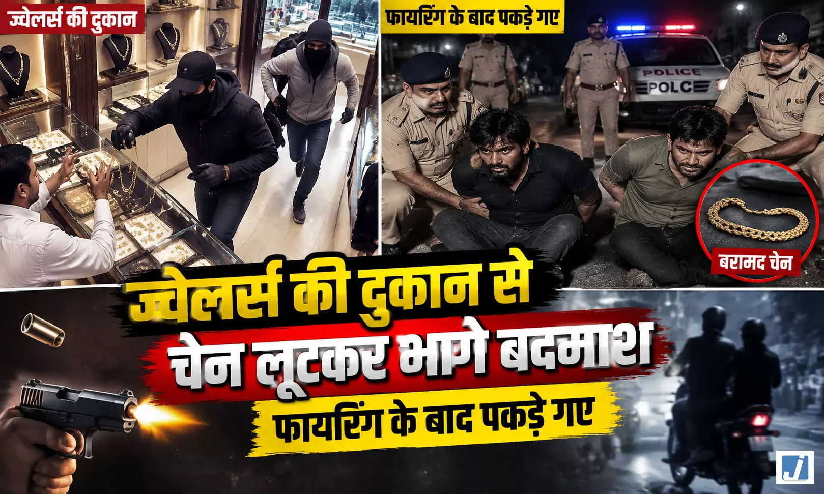 ज्वेलर्स की दुकान से चेन लूटकर भागे बदमाश, फायरिंग के बाद पकड़े गए ज्वेलर्स की दुकान से चेन लूटकर भागे बदमाश, फायरिंग के बाद पकड़े गए