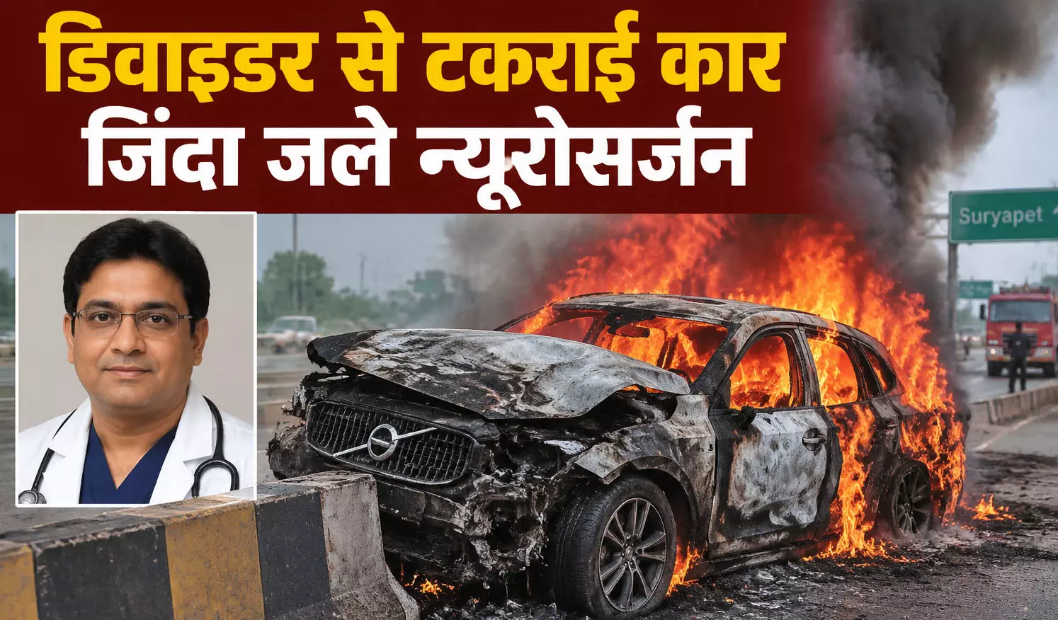 डिवाइडर से टकराई कार जिंदा जले न्यूरोसर्जन डिवाइडर से टकराई कार जिंदा जले न्यूरोसर्जन