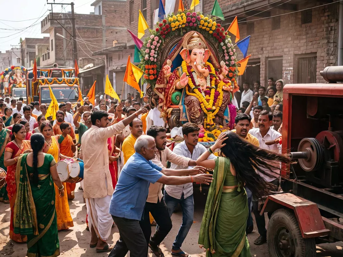 गणेश विसर्जन में बड़ा हादसा जनरेटर में फंसे महिला के बाल गणेश विसर्जन में बड़ा हादसा जनरेटर में फंसे महिला के बाल