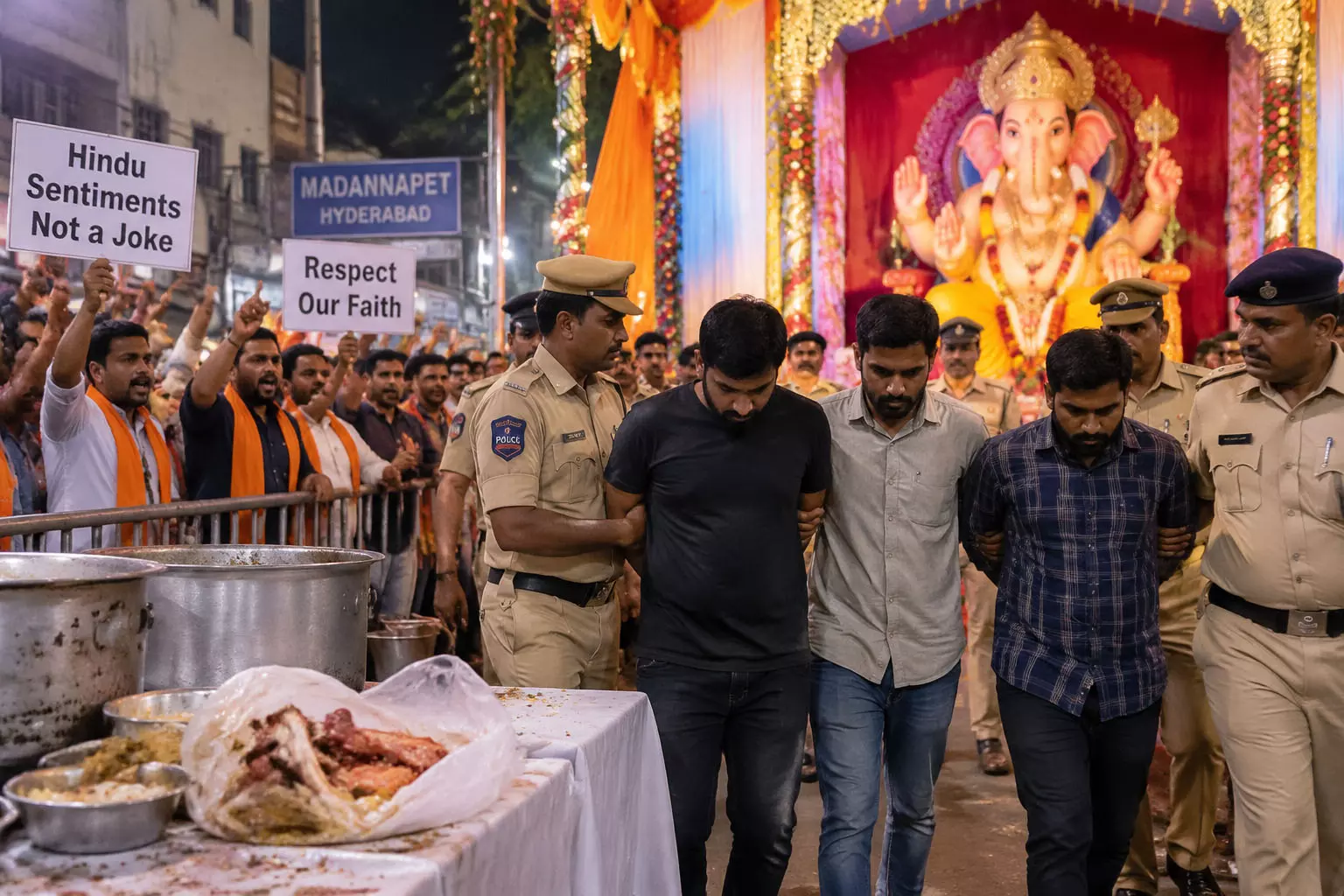 हैदराबाद में गणेश पंडाल के पास मांसाहारी खाने का पैकेट मिलने पर विवाद, तीन लोग हिरासत में हैदराबाद में गणेश पंडाल के पास मांसाहारी खाने का पैकेट मिलने पर विवाद, तीन लोग हिरासत में