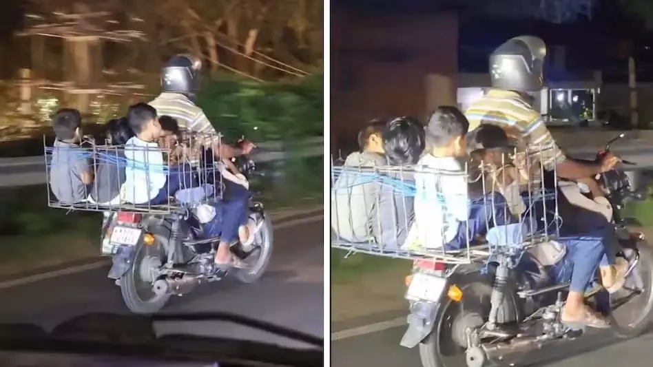खतरनाक सफर...दोपहिया वाहन के पीछे टोकरी में बैठे 5 बच्चे खतरनाक सफर...दोपहिया वाहन के पीछे टोकरी में बैठे 5 बच्चे