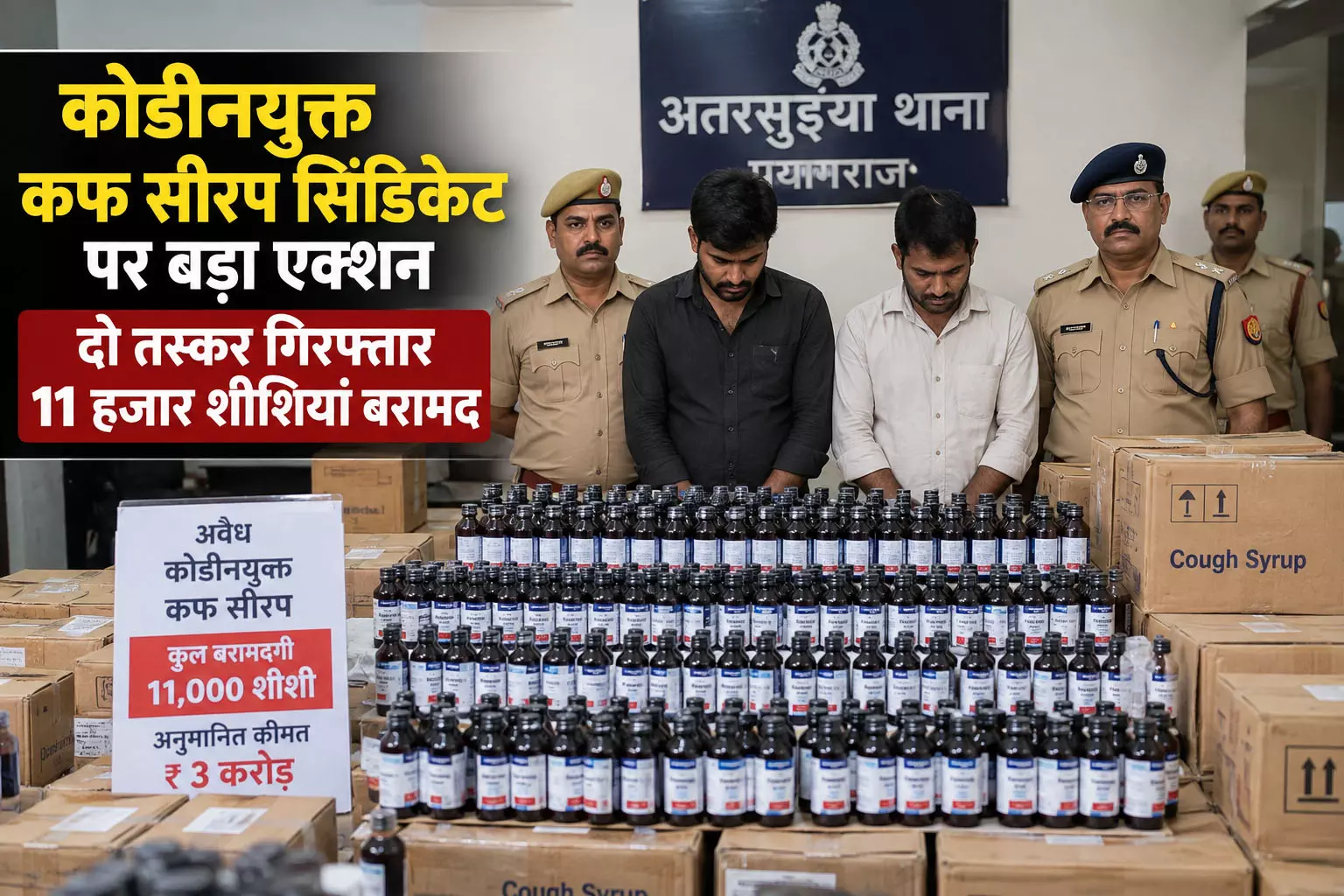 कोडीनयुक्त कफ सीरप सिंडिकेट पर बड़ा एक्शन दो तस्कर गिरफ्तार 11 हजार शीशियां बरामद कोडीनयुक्त कफ सीरप सिंडिकेट पर बड़ा एक्शन दो तस्कर गिरफ्तार 11 हजार शीशियां बरामद