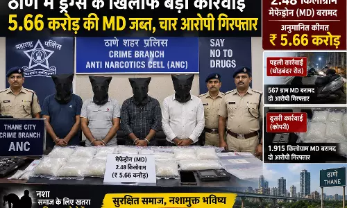 ठाणे में ड्रग्स के खिलाफ बड़ी कार्रवाई 5.66 करोड़ की MD जब्त चार आरोपी गिरफ्तार ठाणे में ड्रग्स के खिलाफ बड़ी कार्रवाई 5.66 करोड़ की MD जब्त चार आरोपी गिरफ्तार