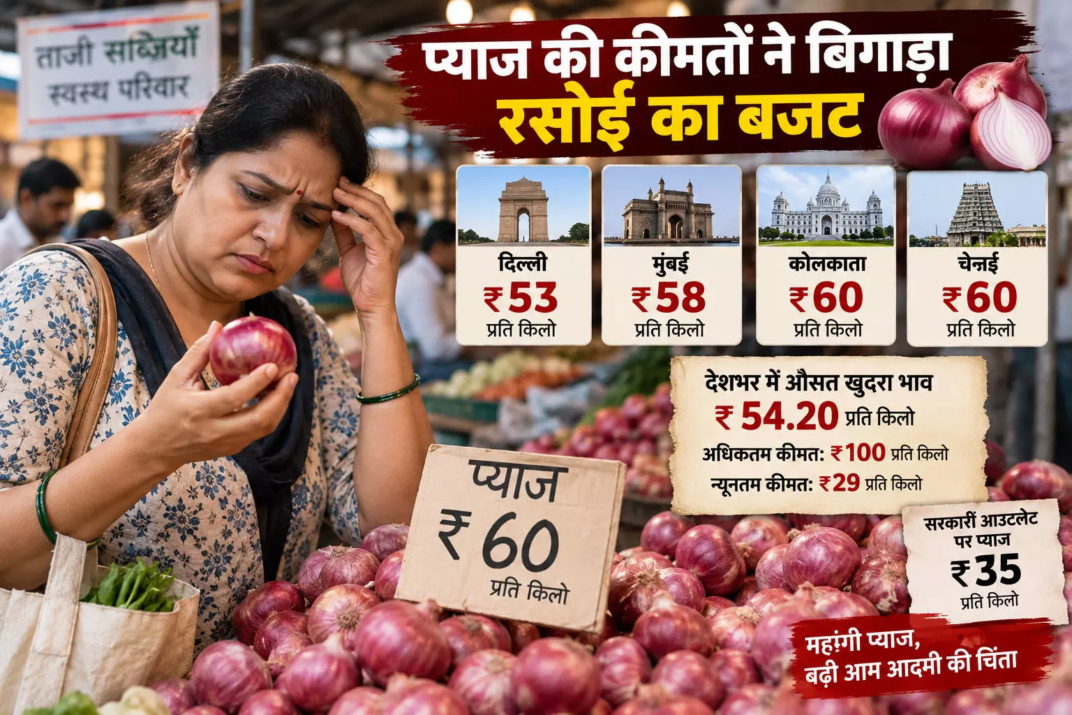 प्याज की कीमतों ने बिगाड़ा रसोई का बजट, दिल्ली में ₹53 तो मुंबई में ₹58 किलो प्याज की कीमतों ने बिगाड़ा रसोई का बजट, दिल्ली में ₹53 तो मुंबई में ₹58 किलो