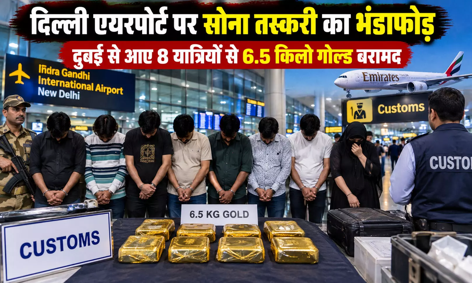 दिल्ली एयरपोर्ट पर सोना तस्करी का भंडाफोड़, दुबई से आए 8 यात्रियों से 6.5 किलो गोल्ड बरामद दिल्ली एयरपोर्ट पर सोना तस्करी का भंडाफोड़, दुबई से आए 8 यात्रियों से 6.5 किलो गोल्ड बरामद