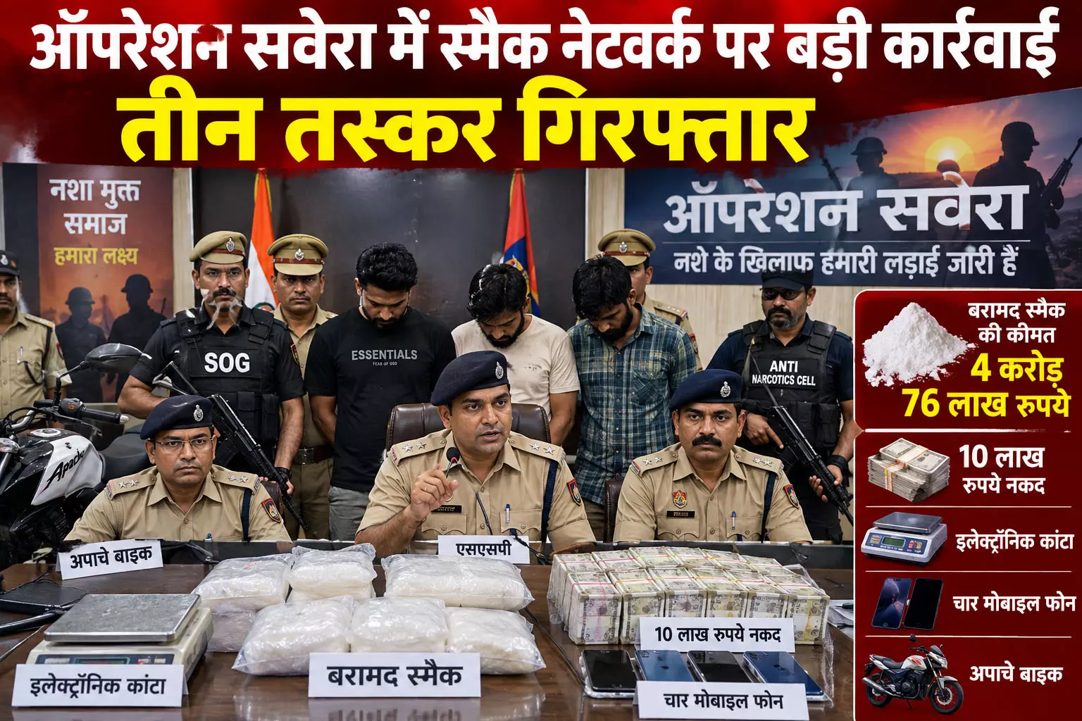 ऑपरेशन सवेरा में स्मैक नेटवर्क पर बड़ी कार्रवाई, तीन तस्कर गिरफ्तार ऑपरेशन सवेरा में स्मैक नेटवर्क पर बड़ी कार्रवाई, तीन तस्कर गिरफ्तार