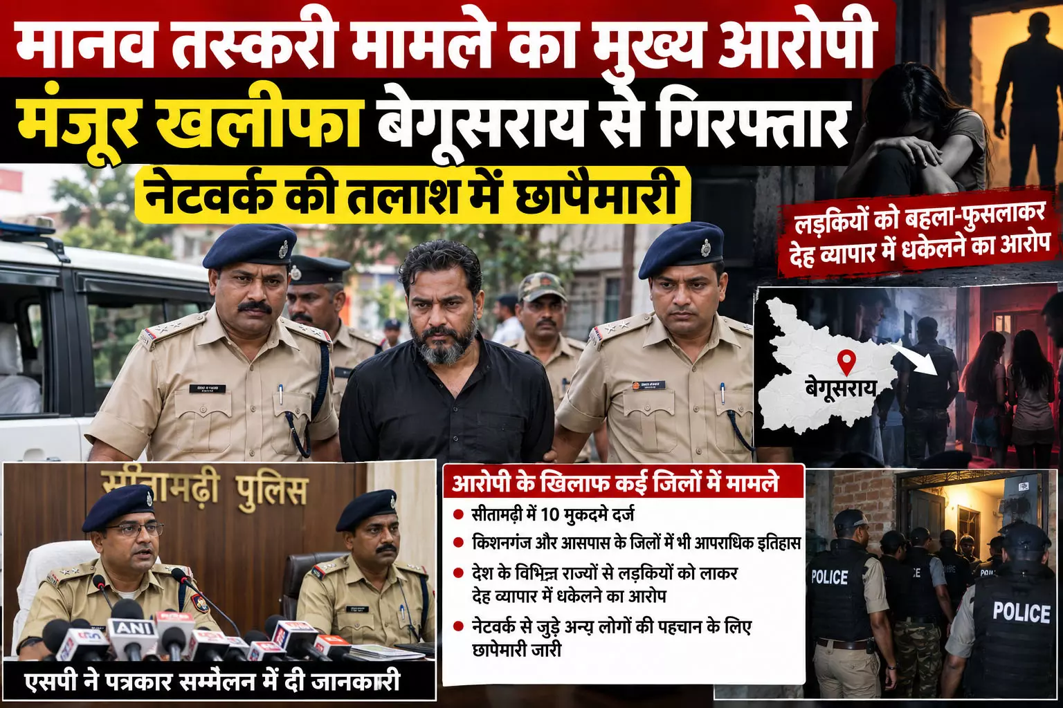 मानव तस्करी मामले का मुख्य आरोपी मंजूर खलीफा बेगूसराय से गिरफ्तार, नेटवर्क की तलाश में छापेमारी मानव तस्करी मामले का मुख्य आरोपी मंजूर खलीफा बेगूसराय से गिरफ्तार, नेटवर्क की तलाश में छापेमारी