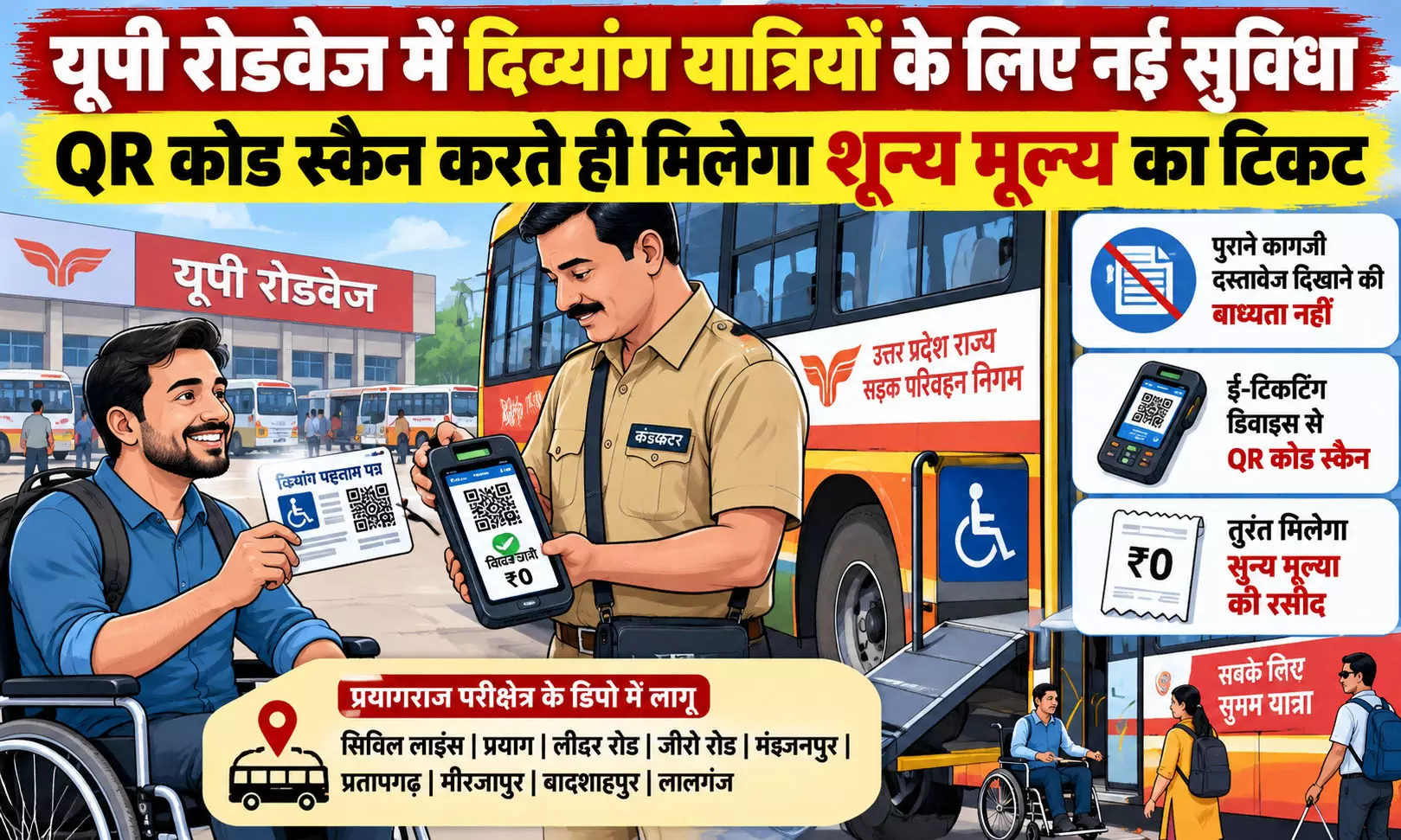 यूपी रोडवेज में दिव्यांग यात्रियों के लिए नई सुविधा, QR कोड स्कैन करते ही मिलेगा शून्य मूल्य का टिकट यूपी रोडवेज में दिव्यांग यात्रियों के लिए नई सुविधा, QR कोड स्कैन करते ही मिलेगा शून्य मूल्य का टिकट