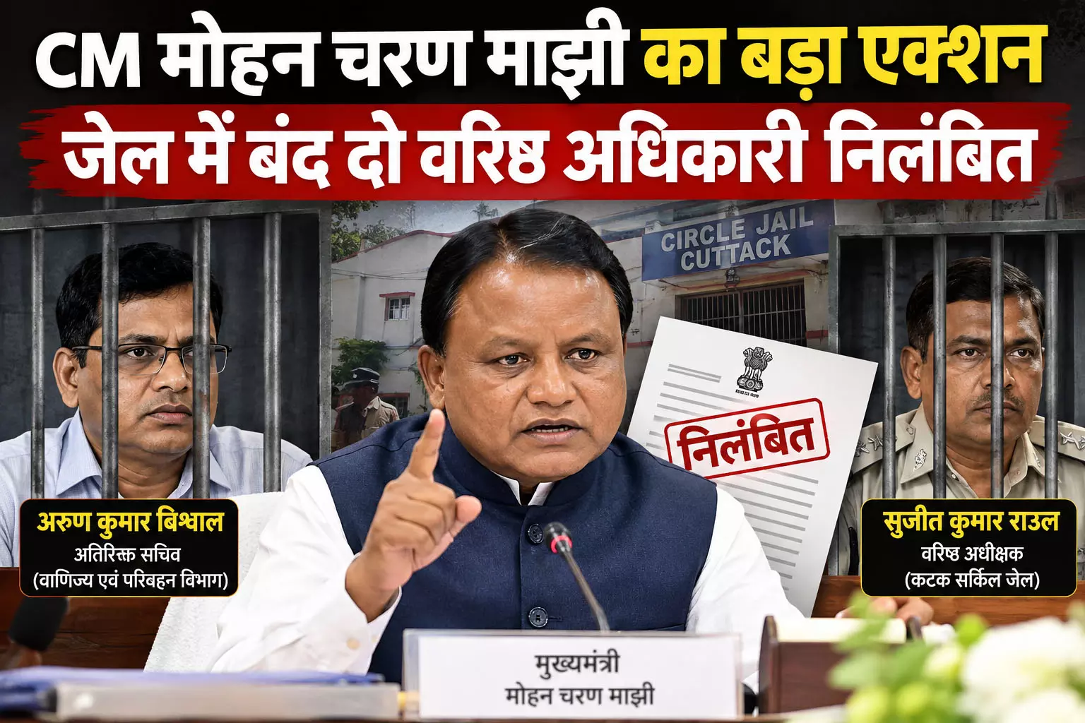 CM मोहन चरण माझी का बड़ा एक्शन, जेल में बंद दो वरिष्ठ अधिकारी निलंबित CM मोहन चरण माझी का बड़ा एक्शन, जेल में बंद दो वरिष्ठ अधिकारी निलंबित