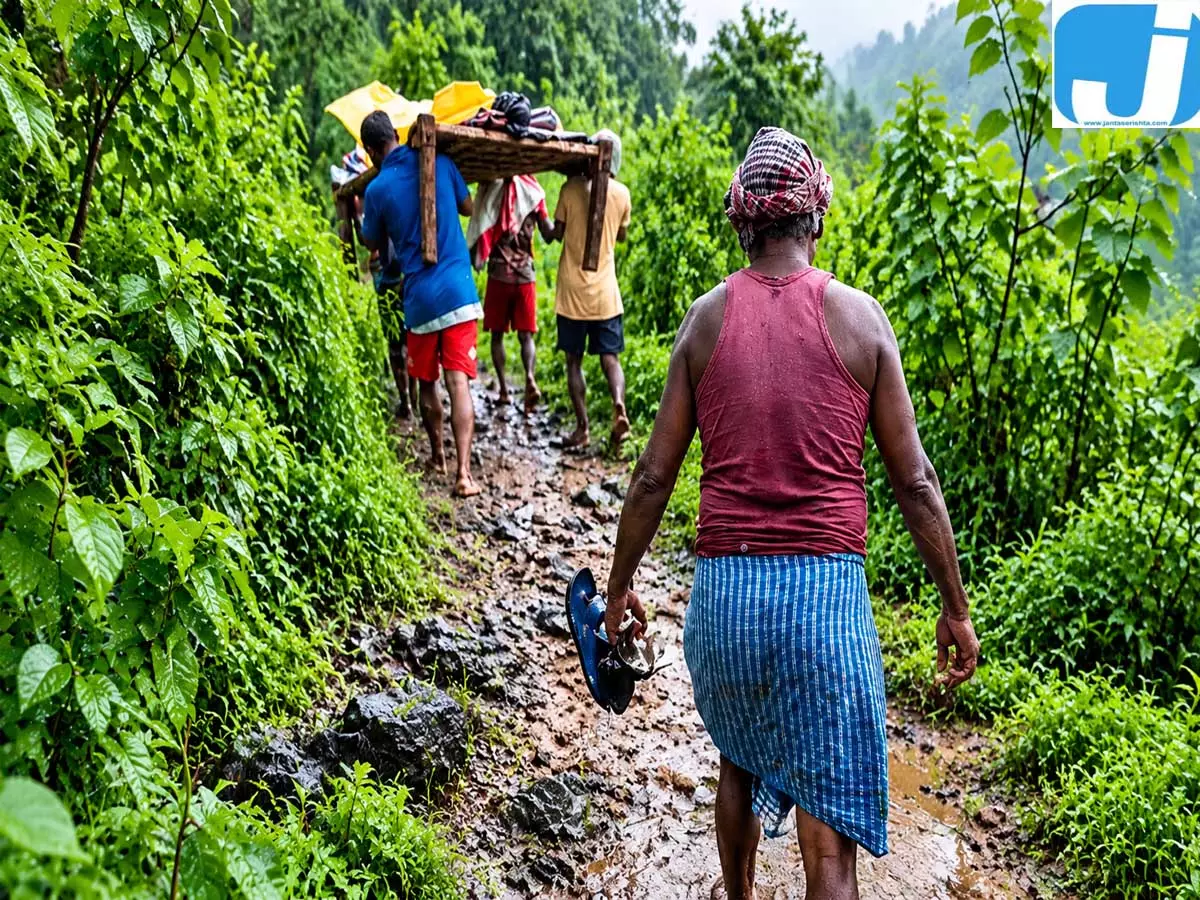 खटिया पर गर्भवती को लेकर चले परिजन, आधा किमी बाद मिली सड़क खटिया पर गर्भवती को लेकर चले परिजन, आधा किमी बाद मिली सड़क
