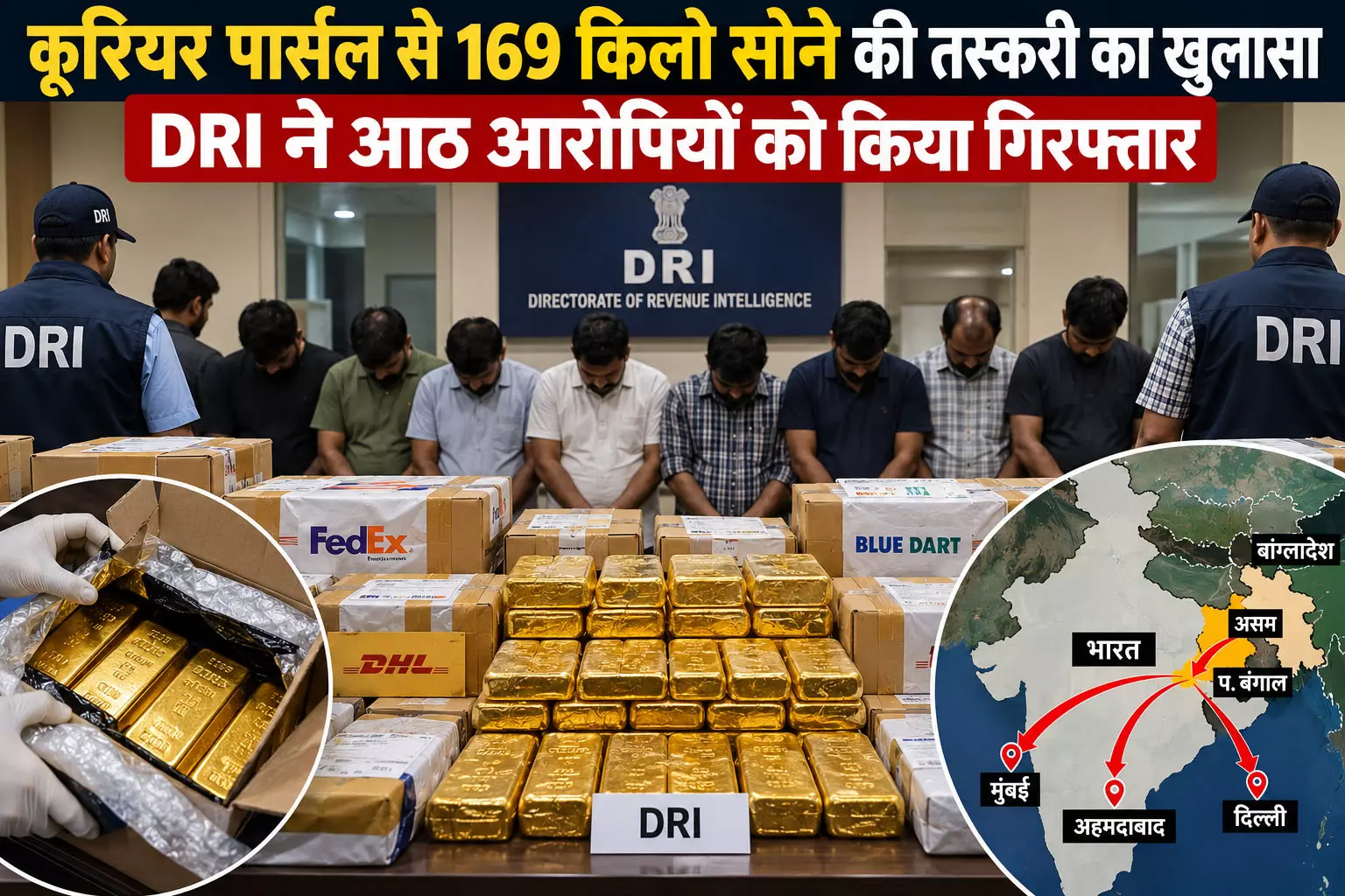 कूरियर पार्सल से 169 किलो सोने की तस्करी का खुलासा, DRI ने आठ आरोपियों को किया गिरफ्तार कूरियर पार्सल से 169 किलो सोने की तस्करी का खुलासा, DRI ने आठ आरोपियों को किया गिरफ्तार
