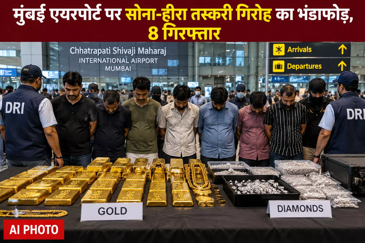 मुंबई एयरपोर्ट पर सोना-हीरा तस्करी गिरोह का भंडाफोड़, 8 गिरफ्तार मुंबई एयरपोर्ट पर सोना-हीरा तस्करी गिरोह का भंडाफोड़, 8 गिरफ्तार