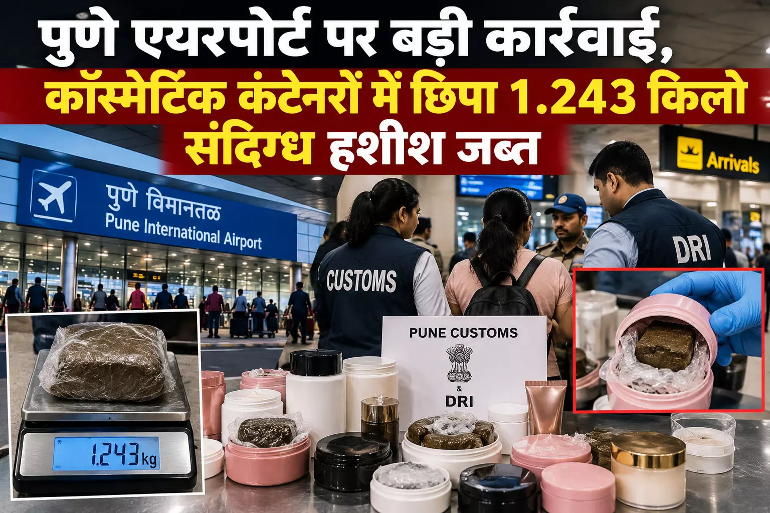 पुणे एयरपोर्ट पर बड़ी कार्रवाई, कॉस्मेटिक कंटेनरों में छिपा 1.243 किलो संदिग्ध हशीश जब्त पुणे एयरपोर्ट पर बड़ी कार्रवाई, कॉस्मेटिक कंटेनरों में छिपा 1.243 किलो संदिग्ध हशीश जब्त