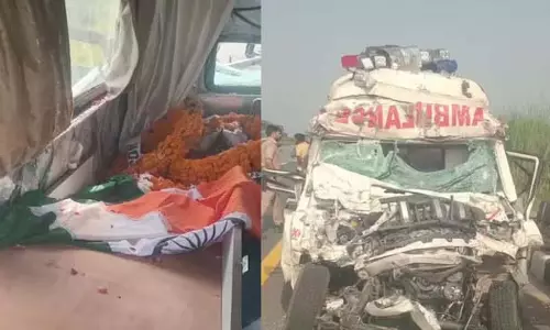 खड़े ट्रक से टकराई सूबेदार का शव ले जा रही एंबुलेंस, बेटे समेत परिवार के तीन सदस्यों की मौत