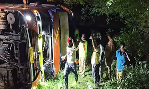सड़क किनारे पलटी बस, 20 से अधिक यात्री घायल