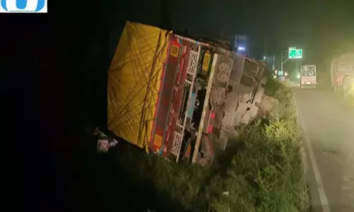अलीपुर के पास अनियंत्रित होकर पलटा कैंटर, सड़क पर बिखरे सेब